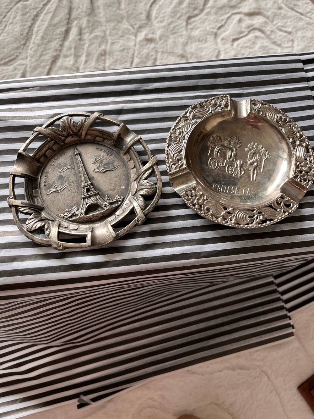 Vintage Silver-Tone Decorative Ashtrays - Eiffel Tower & Carriage Motifs